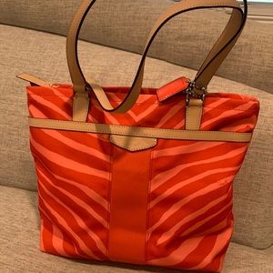 COACH Zebra Stripe Canvas Tote Shoulder Bag Hot Orange & Coral
